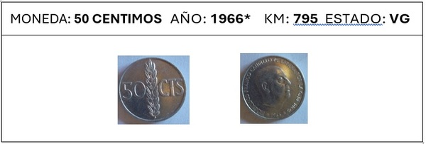 50 CENTIMOS 1966  KM 795  -VG-   (2)