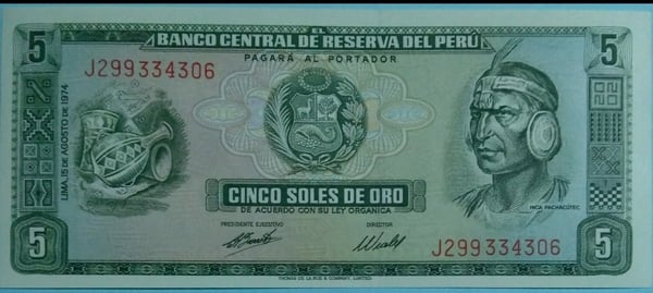 ¡Gran Oportunidad! Vendo Billetes de Perú, 5 Soles de Oro, UNC; 1974