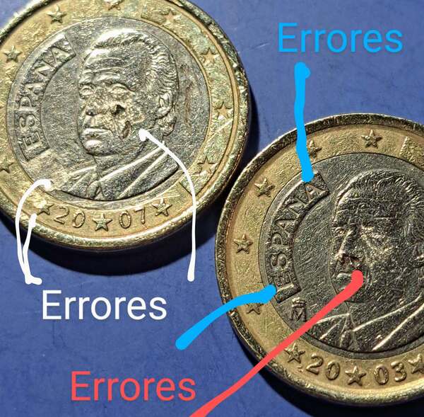 Los errores de acuñación en estas monedas son numerosos y posiblemente por falta de presión, arrastre y material escaso : 2003. Núcleo central desplaz