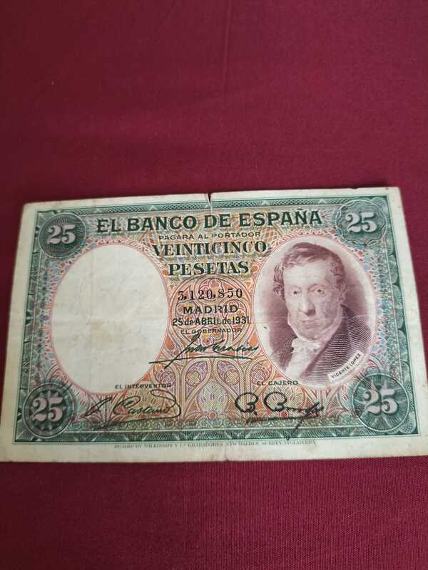 Billete de veinticinco pesetas (fecha 25 de abril de año 1931)