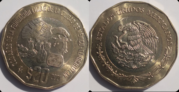 Coin denomination $20 pesos, inscription 