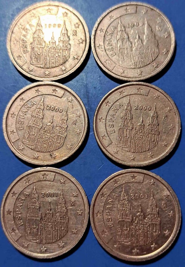 19☆☆ Vendo lote 6 monedas de 2 céntimos de euro ( higienizadas ) de España del 1999, 2000 y 2001