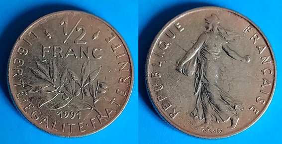Moneda francesa de medio franco de 1991