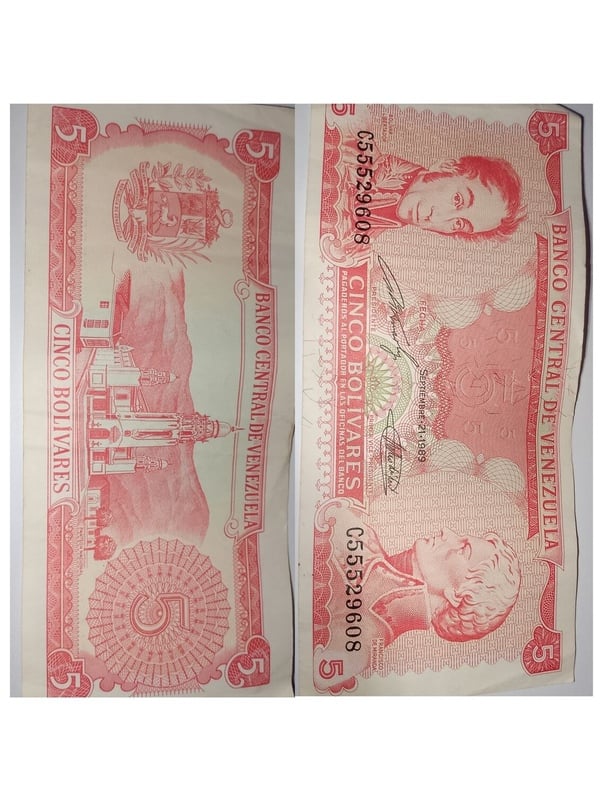 Billete venezolano 5 cinco bolívares del 21 de septiembre del 1989