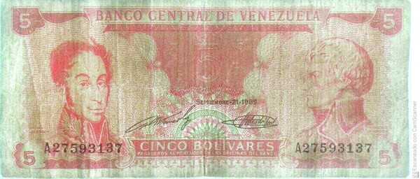 Billete de 5 Bs. septiembre 1989