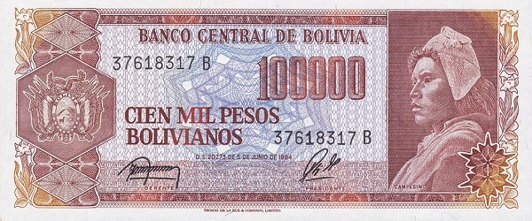 10 centavos boliviano (sovrascritto sulla banconota da 100.000 bolivianos P#171)