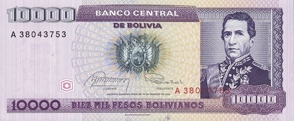 1 centesimo di boliviano (sovrastampa sulla banconota da 10.000 boliviano P#169)