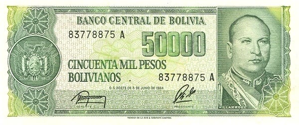 5 centavos boliviano (Sovrastampa su banconota da 50000 bolivianos P#170)