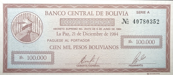 10 centavos boliviano (sovrascritto sulla banconota da 100.000 bolivianos P#188)