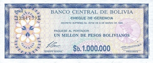 1 boliviano (sovrastampa sulla banconota da 1000000 bolivianos P#192c)