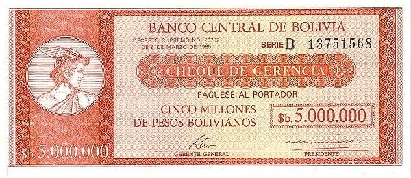 5 bolivianos (sovrastampa su 5000000 bolivianos P#192a)