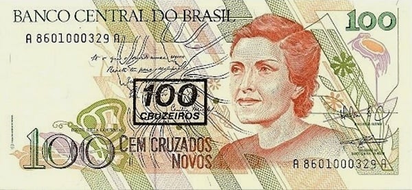 100 cruzeiros (sovrastampato su 100 cruzados novos P#220)