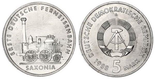 5 mark (150° anniversario della prima locomotiva tedesca proveniente dalla Sassonia)