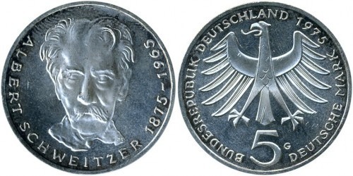 5 mark (100° anniversario della nascita di Albert Schweitzer)