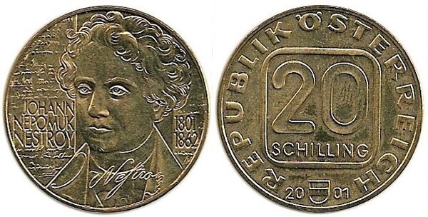 20 schilling (200° anniversario della nascita di Johann Nepomuk Nestroy)