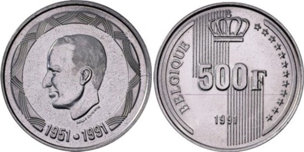 500 francs (40° anniversario del regno di Baldovino I - Belgio)