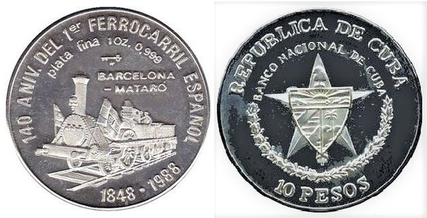 10 pesos (140° anniversario della prima ferrovia spagnola)