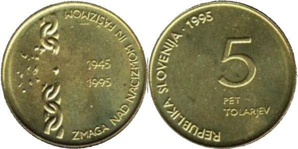 5 tolarjev (50° anniversario della vittoria sul nazismo e sul fascismo)