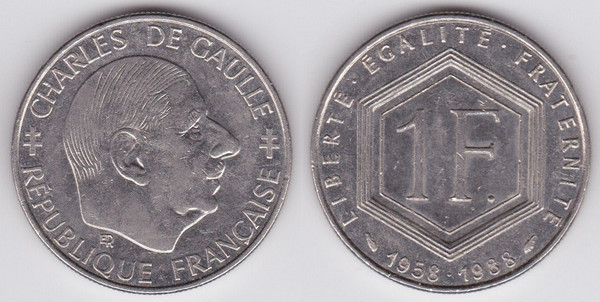 1 franc (Charles de Gaulle - 30° anniversario della Quinta Repubblica)