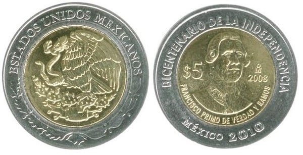 5 pesos (Bicentenario dell'indipendenza-Francisco Primo de Verdad y Ramos)