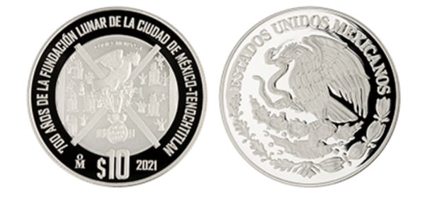 10 pesos (700 anni di fondazione lunare di Città del Messico-Tenochtitlan)