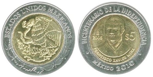 5 pesos (Bicentenario dell'Indipendenza-Francisco Xavier Mina)