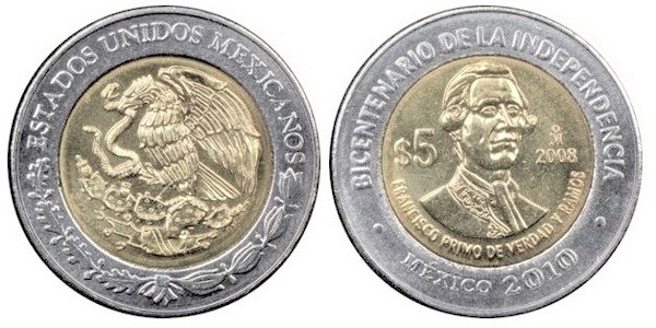 5 pesos (Bicentenario dell'indipendenza-Francisco Primo de Verdad y Ramos)