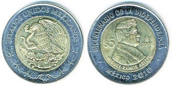 5 pesos (Bicentenario dell'Indipendenza-Miguel Ramos Arizpe)