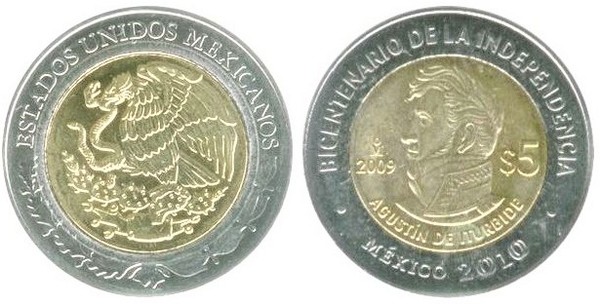 5 pesos (Bicentenario dell'Indipendenza-Agustín de Iturbide)