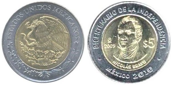 5 pesos (Bicentenario dell'Indipendenza-Nicolás Bravo)