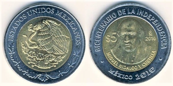 5 pesos (Bicentenario dell'Indipendenza-Miguel Hidalgo y Costilla)