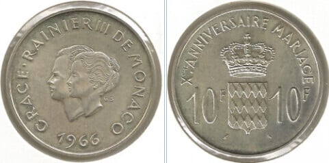 10 francs (10° anniversario del matrimonio di Rainier e Grace)