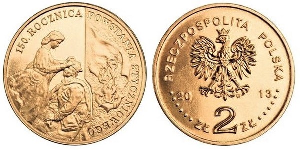 2 zlote (150° anniversario dell'insurrezione di gennaio del 1863)