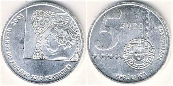 5 euro (150° anniversario del primo francobollo portoghese)