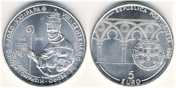 5 euro (VIII Centenario di Pietro Ispano-Papa Giovanni XXI)