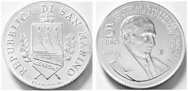 5 euro (Celebrazione del 100° anniversario in onore di Bartolomeo Borghesi)