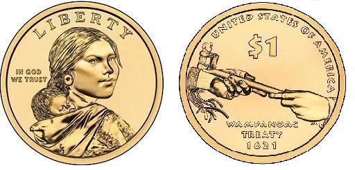 1 dollar (Dollaro Sacagawea - Dollaro nativo americano - Trattato Wampanoag 1621)